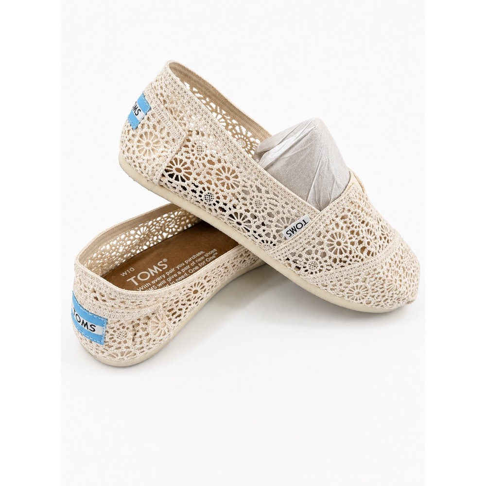 TOMS Crochet Lace Classic Alpargata Flats Women's 10 Ivory Boho Floral Slip On